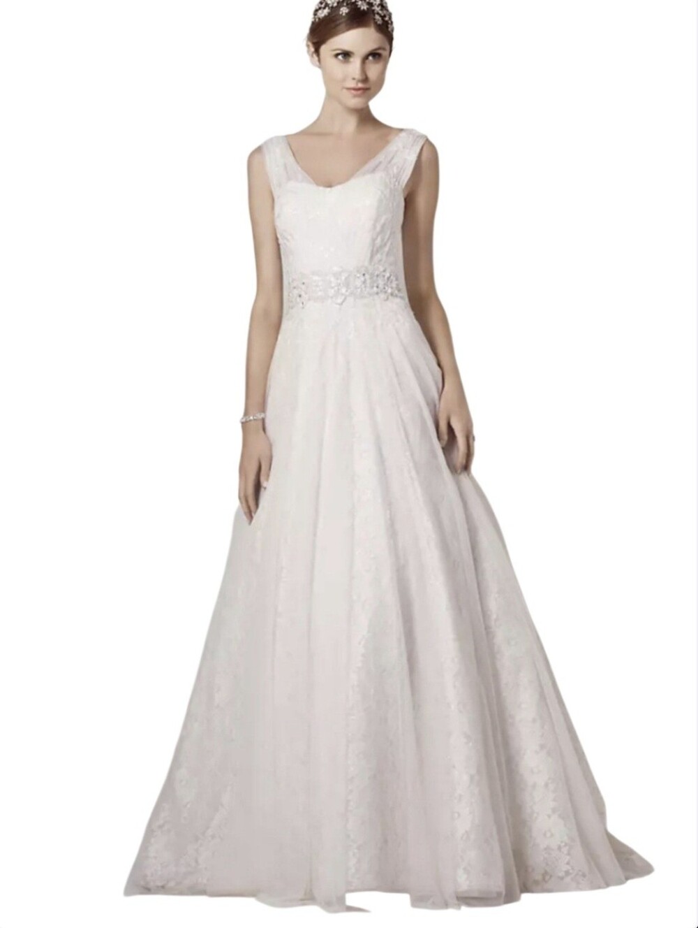 Oleg Cassini Tank Wedding Dress With Lace Accents Ivory Color 18W Style CWG530